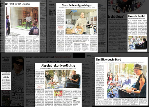 Sechs Zeitungsartikel von der Aktion “Die Lesemeisterschaft” aus dem Jahr 2010, die in Mülheim an der Ruhr stattfand und die Buchhandlung von Buchhändler Michael Fehst bekannt machte. Damals wurde ein 36-stündiger Lesewettbewerb durchgeführt, bei dem es darum ging, den Lesesessel nie länger als 10 Sekunden unbesetzt zu lassen.